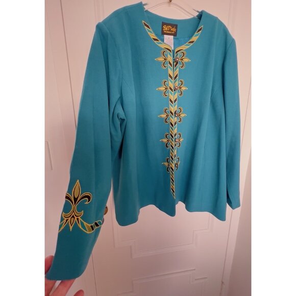 BOB MACKIE Wearable Art Sz 3X PLUS Jacket Teal Gold Fleur-de-lis Evening Fancy - Picture 1 of 14